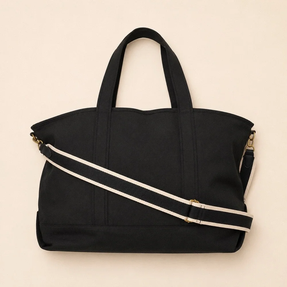 Free Assembly Black Canvas Tote Bag with Striped Crossbody Strap NWT